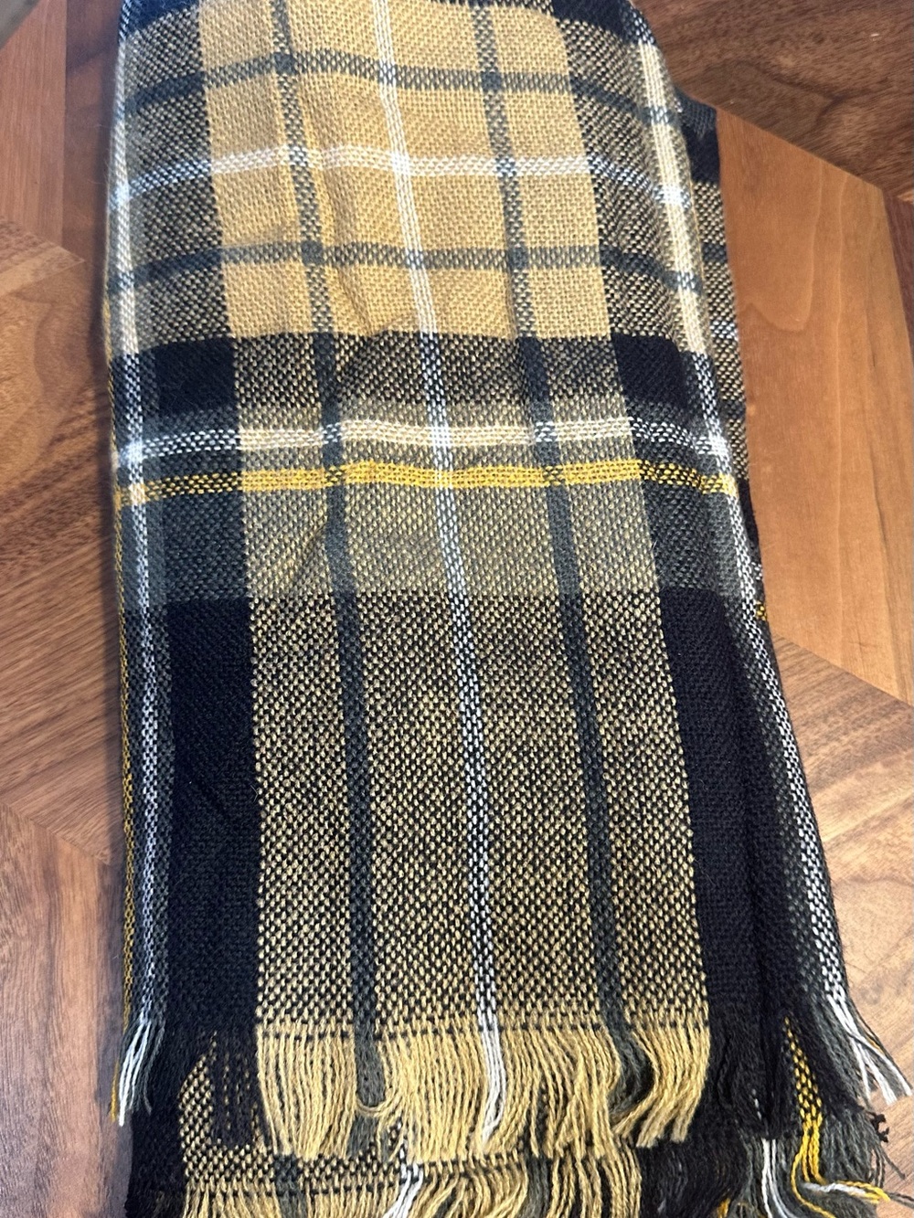 Soft Plaid Fringe Blanket Scarf - Navy and Gold